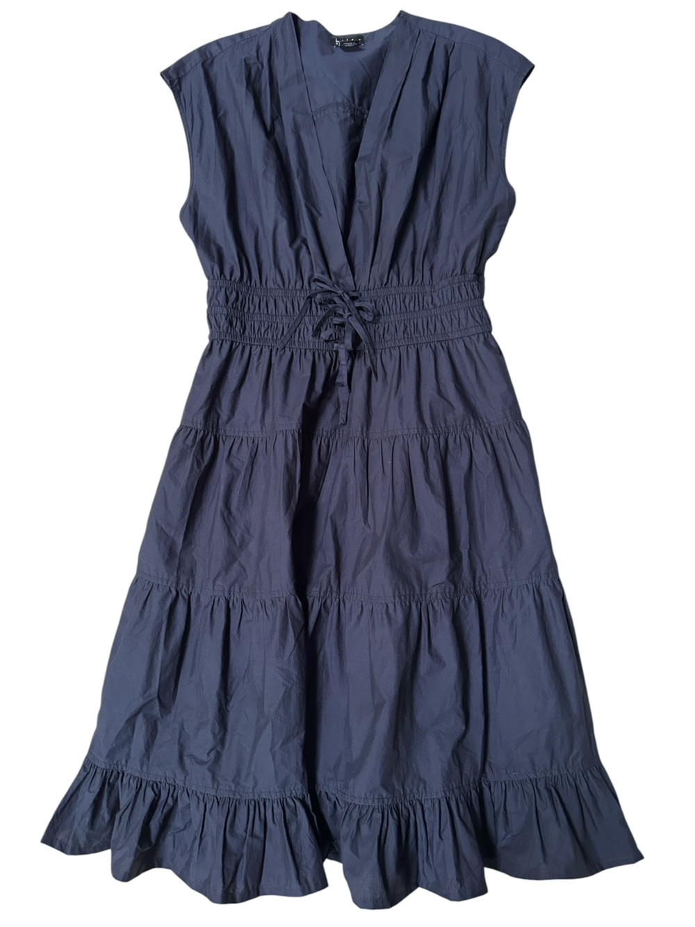 Nicole Miller New York Navy Tiered Midi Dress Tie Waist Ruffle Hem Size Large